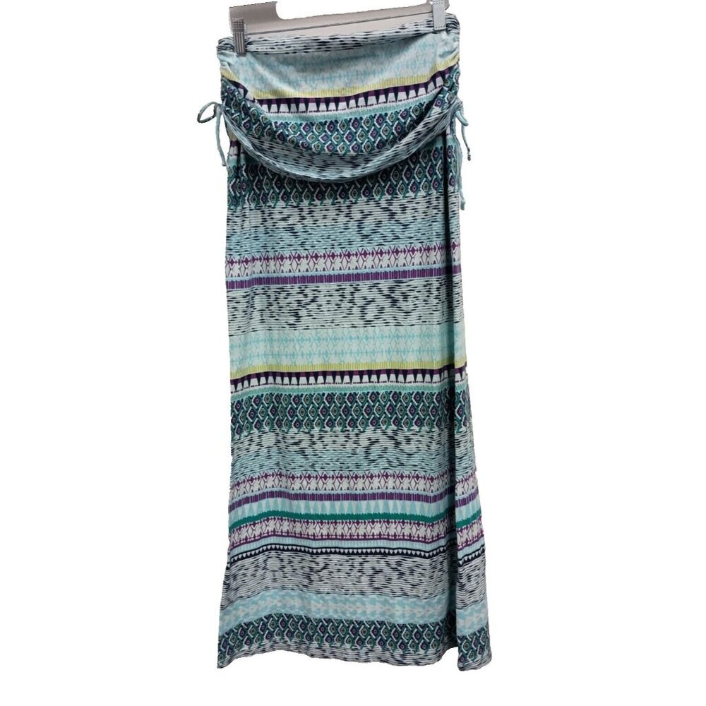 Athleta Womens Maxi Skirt Small Blue Fold Over Waist Pull On Tribal BOHO Casual